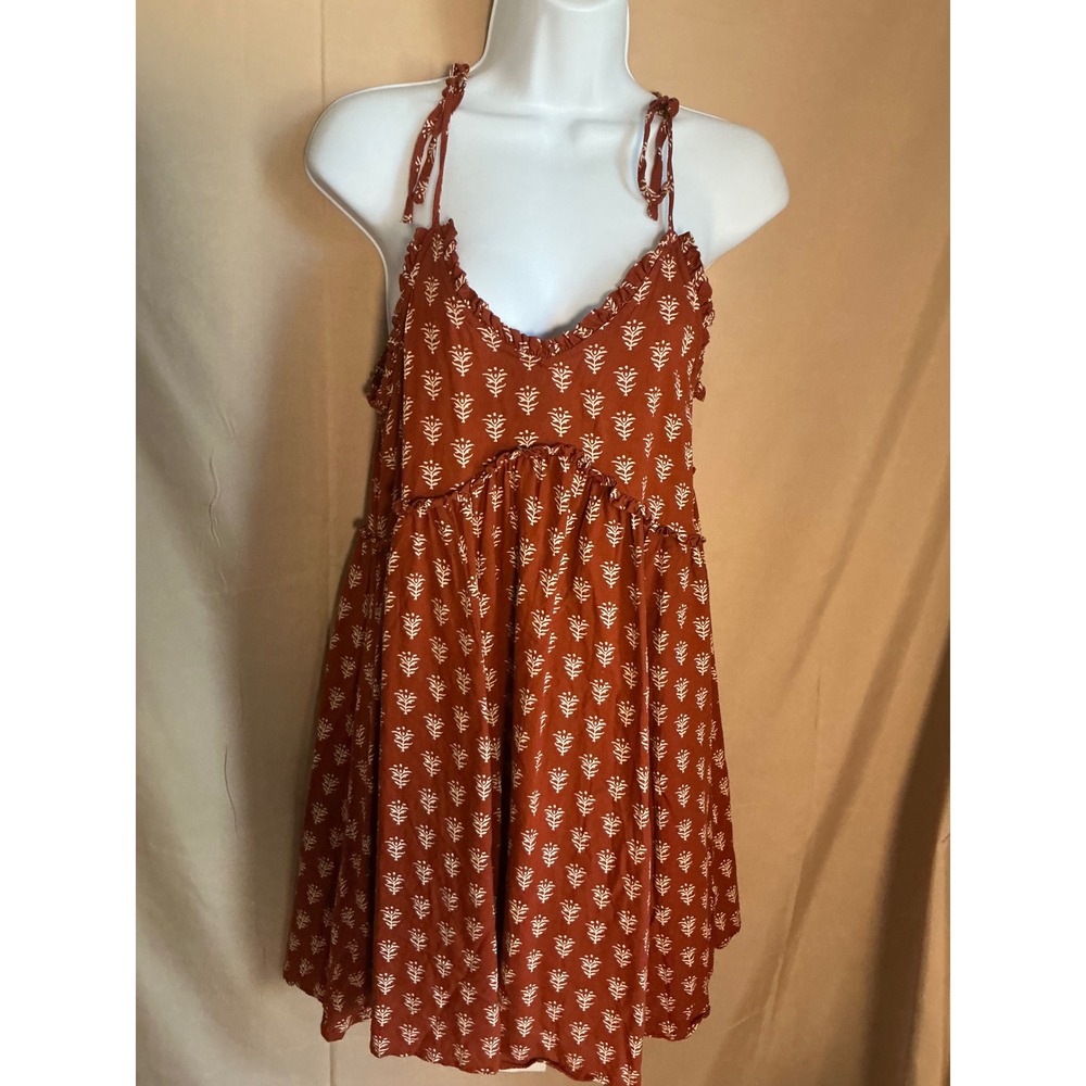 Patrons of Peace Babydoll Dress Womens Medium Rust Orange Good Ruffle Tie Strap